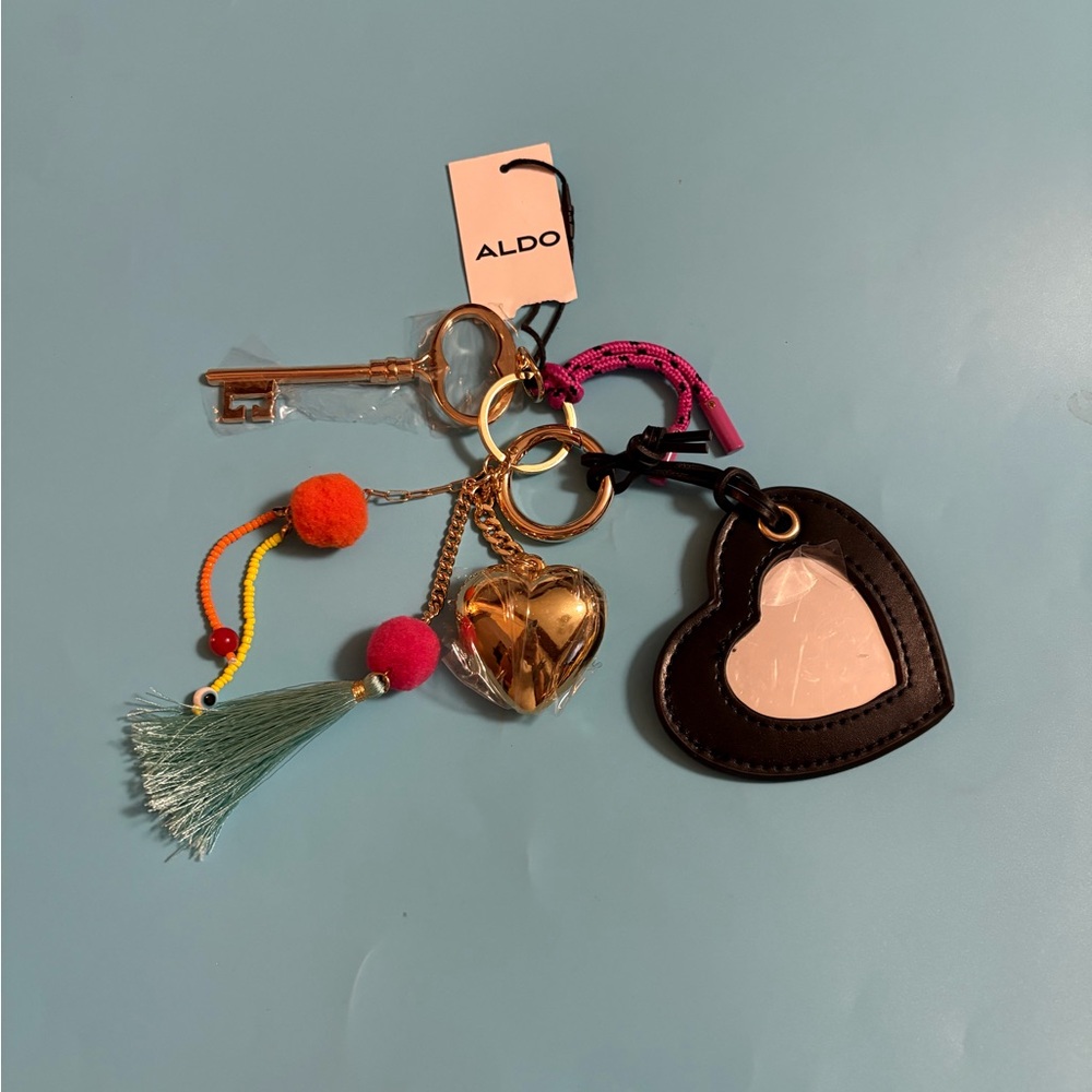 Aldo Heart and Key Keyring Bag Charm w/Mirror Gold Tone NWT